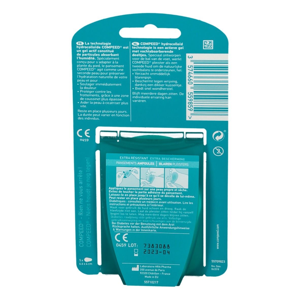 Achterkant Compeed blarenpleister verpakking. Info over hydrocolloïde technologie en gebruik.