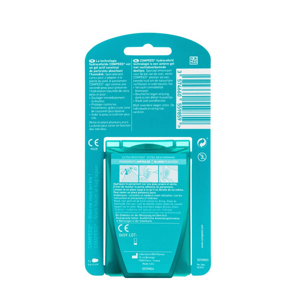 Achterkant Compeed blarenpleister verpakking. Info over hydrocolloïde technologie en gebruik.