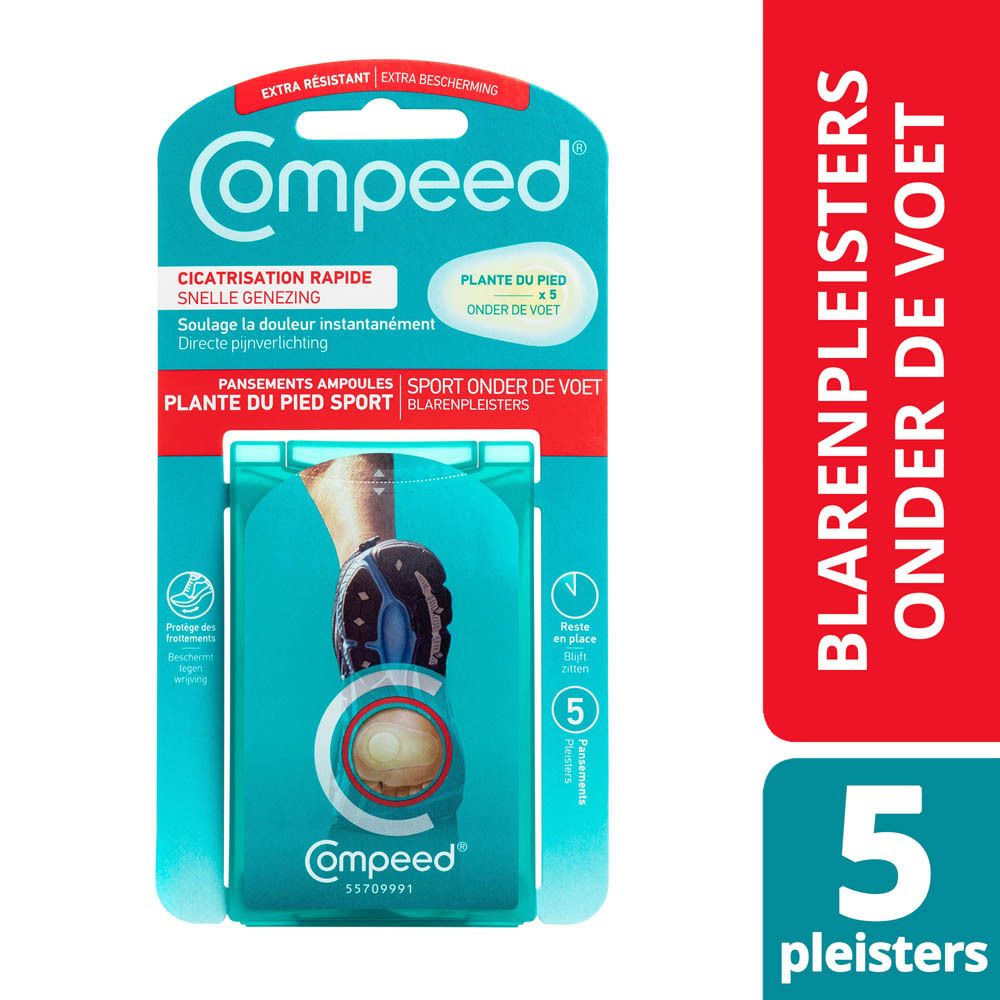 Compeed blarenpleisters en verpakking. 5 pleisters. Snelle genezing. Voor sporters.