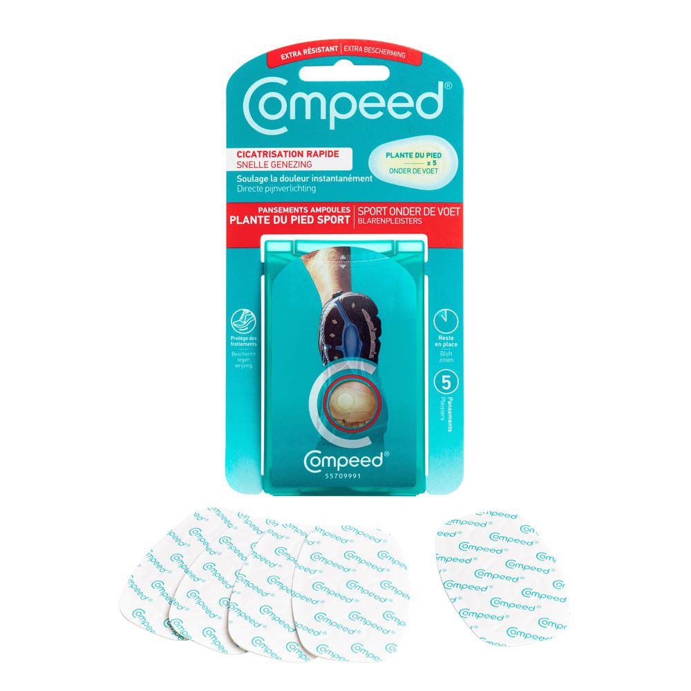 Compeed blarenpleisters en verpakking. 5 pleisters. Snelle genezing. Voor sporters.