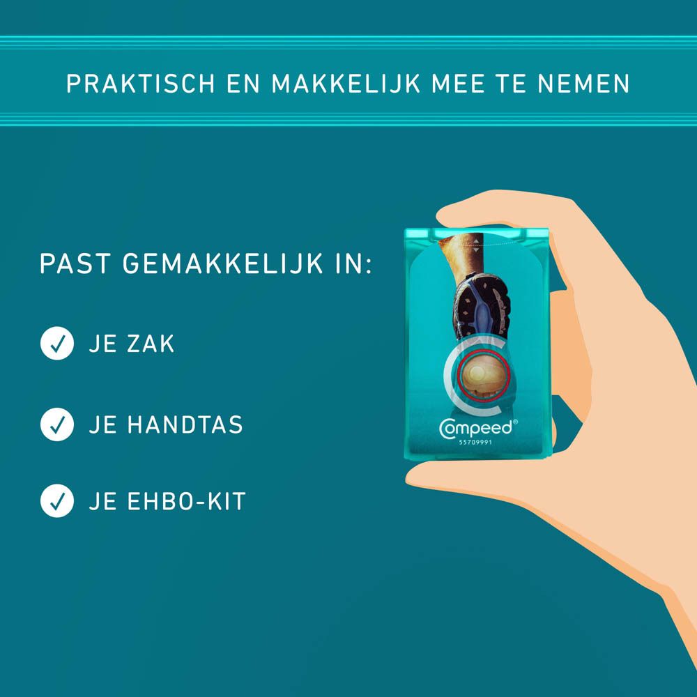 Compeed blarenpleisters en verpakking. 5 pleisters. Snelle genezing. Voor sporters.