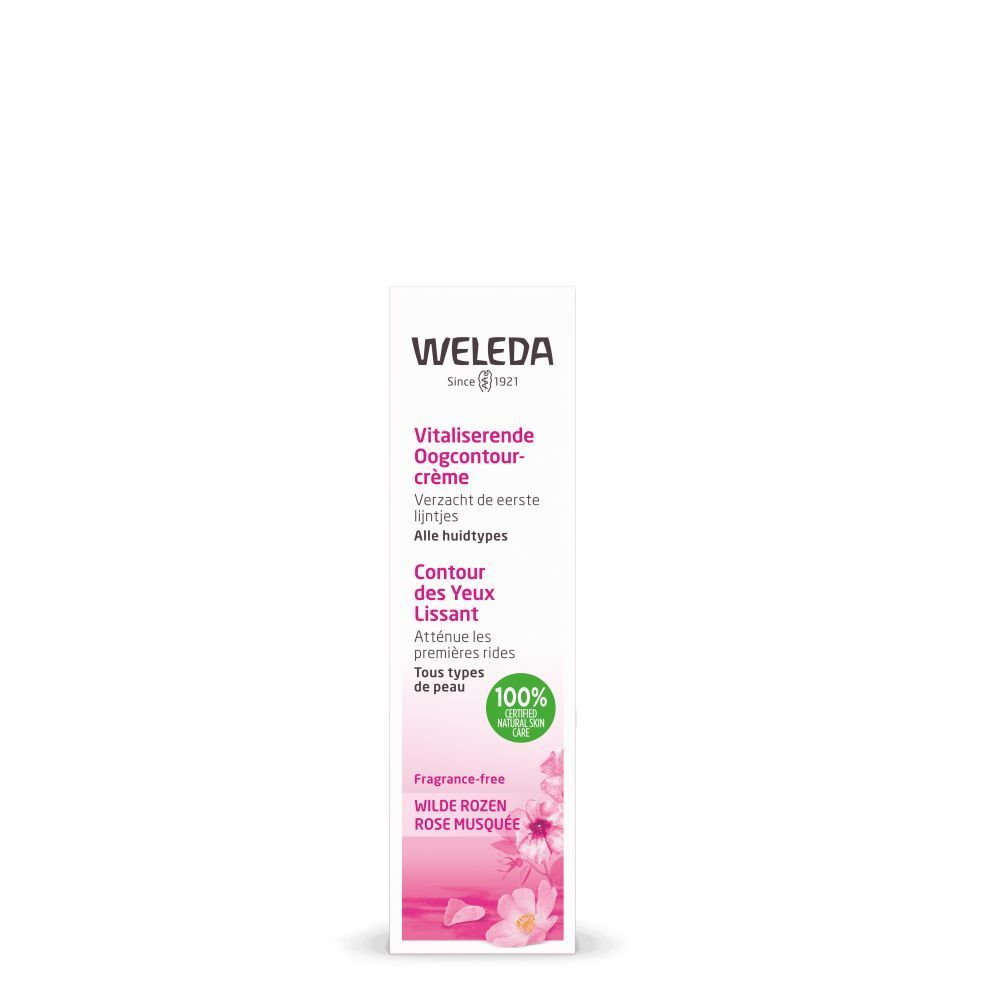 Weleda oogcrèmeverpakking. Wit, met roze en groene accenten. Tekst: Contour des Yeux Lissant, 100% Natural Skin Care.