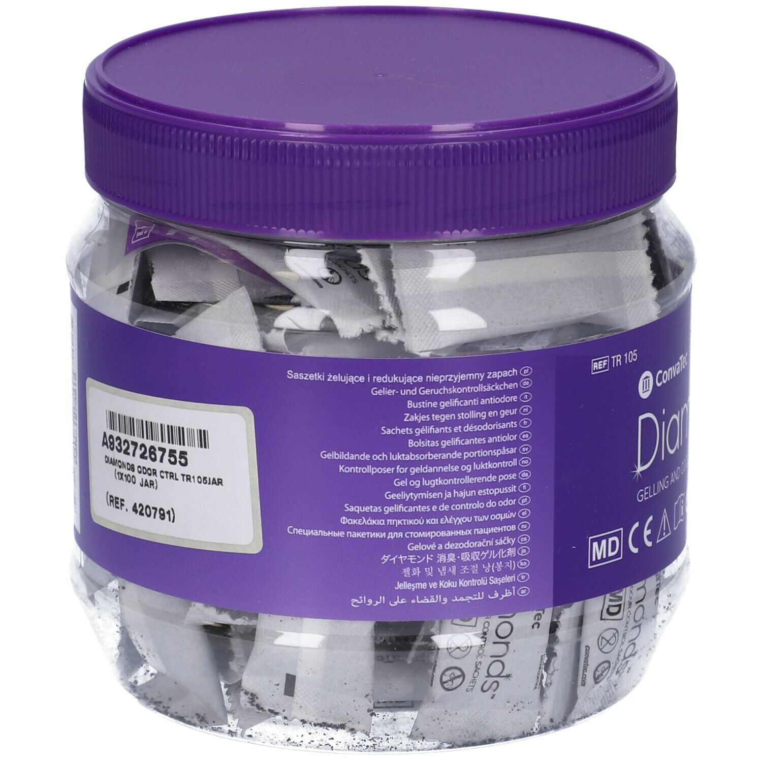 Pot de sachets ConvaTec Diamonds. Dos avec textes multilingues et code-barres.