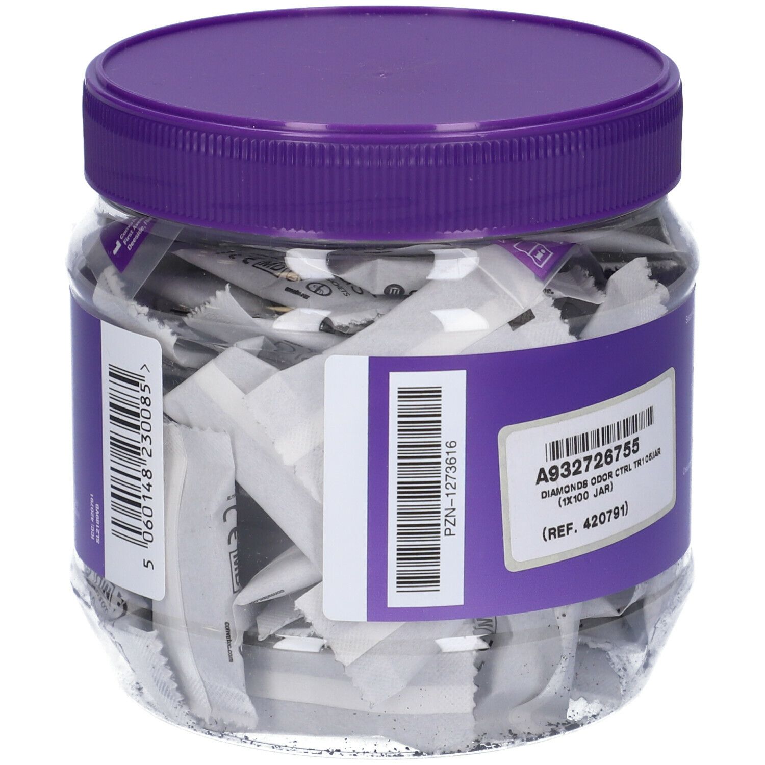 Pot de sachets ConvaTec Diamonds. Dos avec code-barres et numéro PZN.