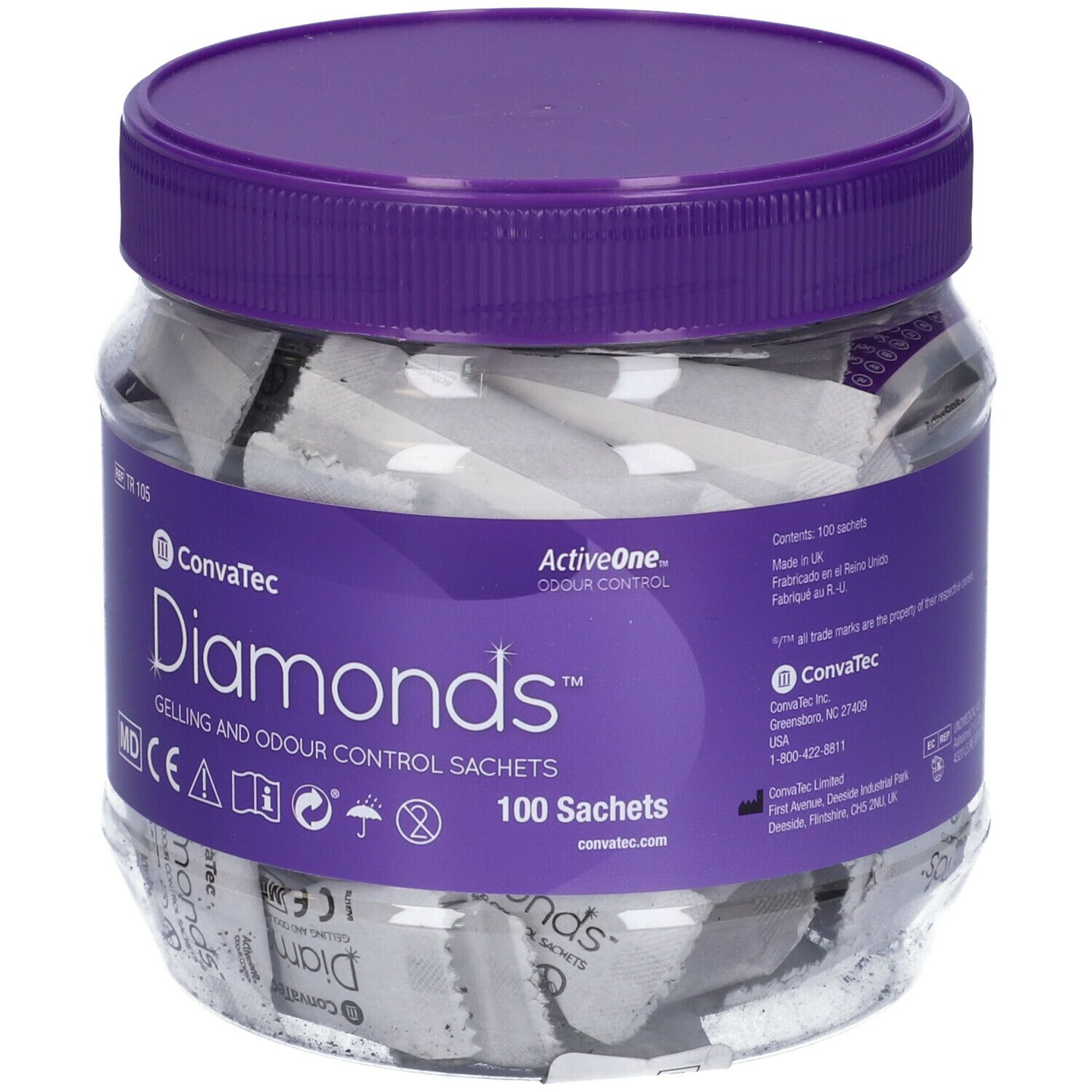 Pot de sachets ConvaTec Diamonds pour le contrôle des odeurs. 100 sachets. Couvercle et étiquette violets.