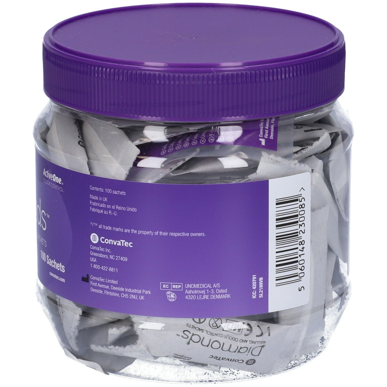 Pot de sachets ConvaTec Diamonds. Dos avec textes et code-barres.