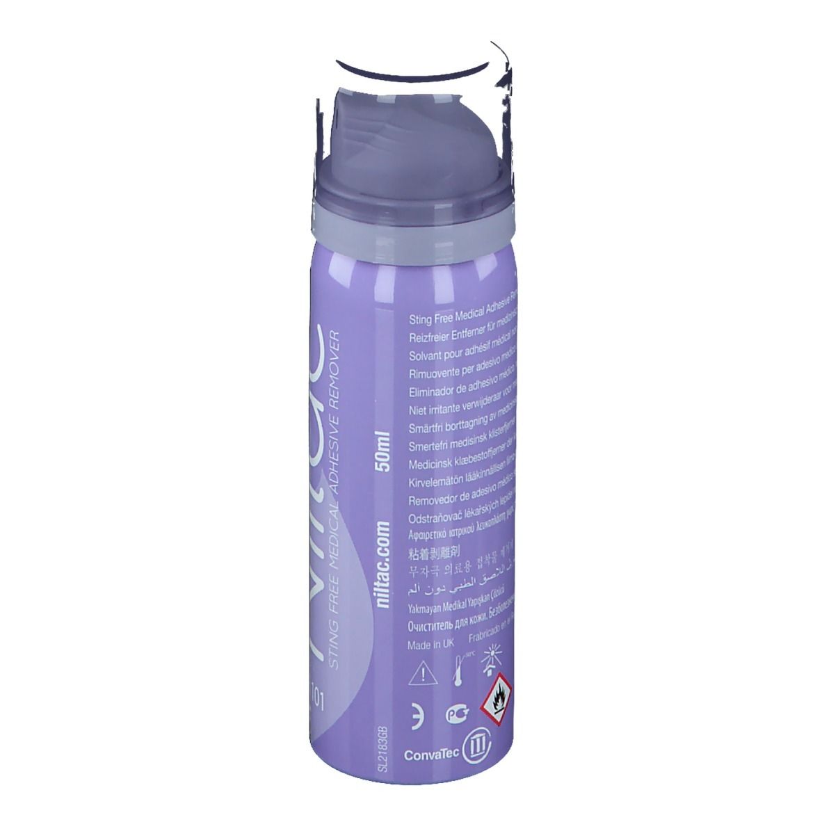 Lila Sprühflasche mit weißem Deckel. Aufschrift: Niltac, 50ml, niltac.com. Warnhinweise und Symbole.
