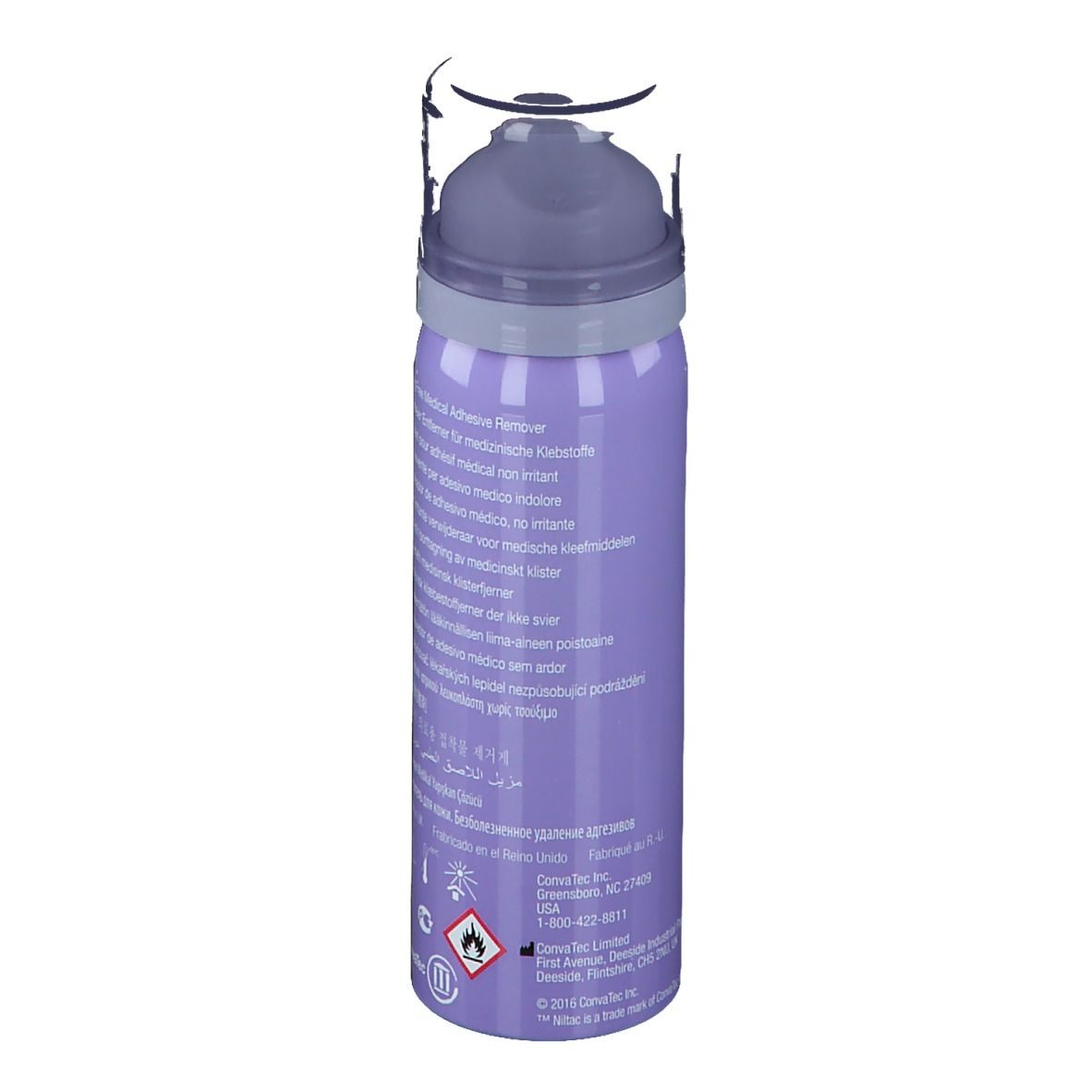Rückseite einer lila Sprühflasche mit weißem Deckel. Text in mehreren Sprachen. Convatec-Logo.
