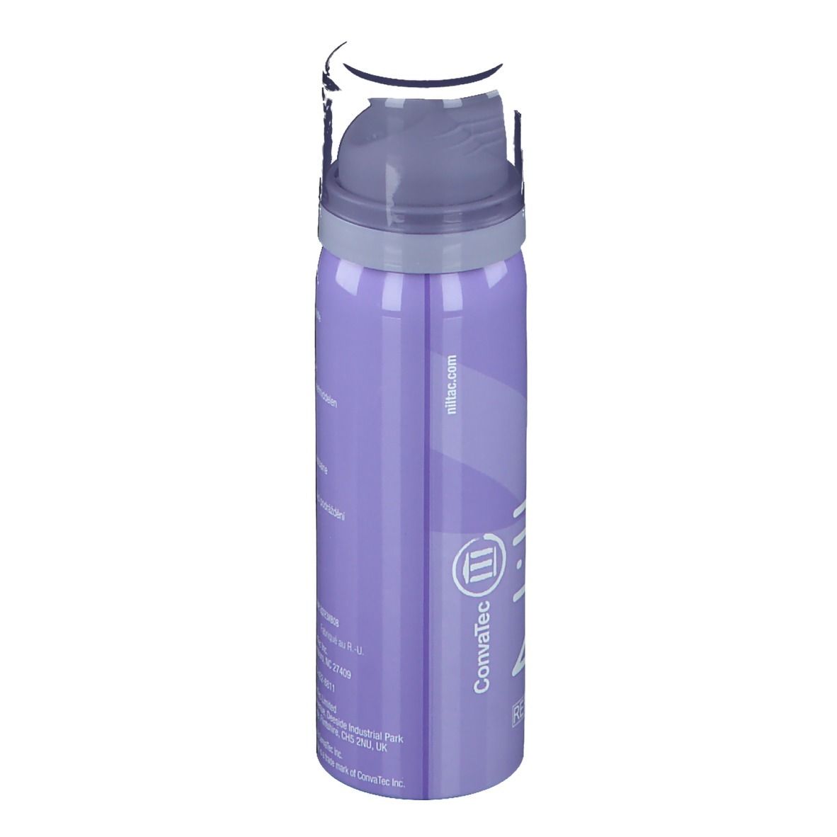 Lila Sprühflasche mit weißem Deckel. Aufschrift: niltac.com, Convatec-Logo. Text in mehreren Sprachen.