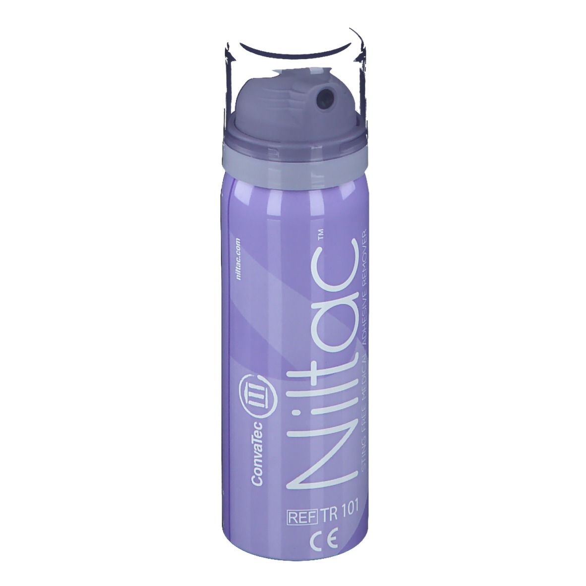 Lila Sprühflasche mit weißem Deckel. Aufschrift: Niltac, REF TR 101, CE. Convatec-Logo.