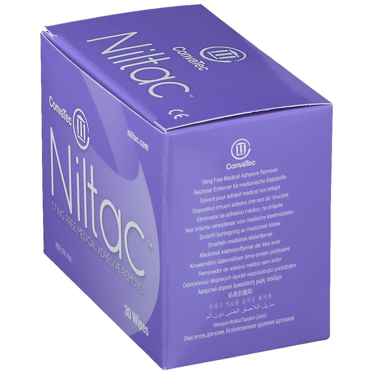 Boîte violette avec logo "Niltac" et texte. Texte multilingue sur le côté. Marque : ConvaTec.