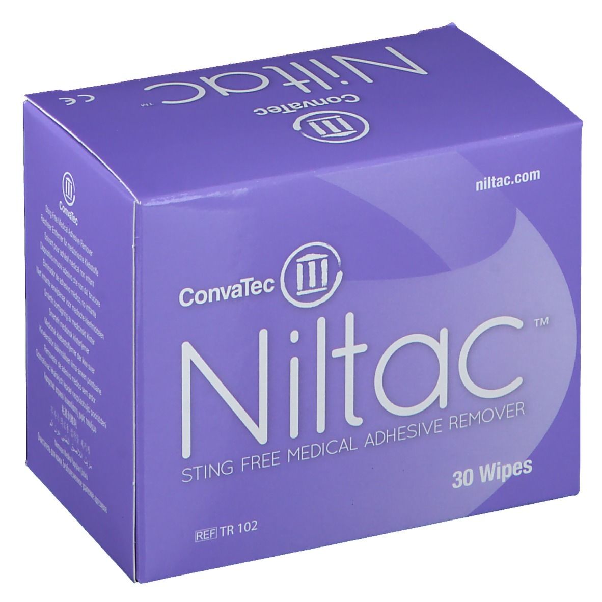 Boîte violette avec logo "Niltac" et texte. Contient 30 lingettes. Marque : ConvaTec.