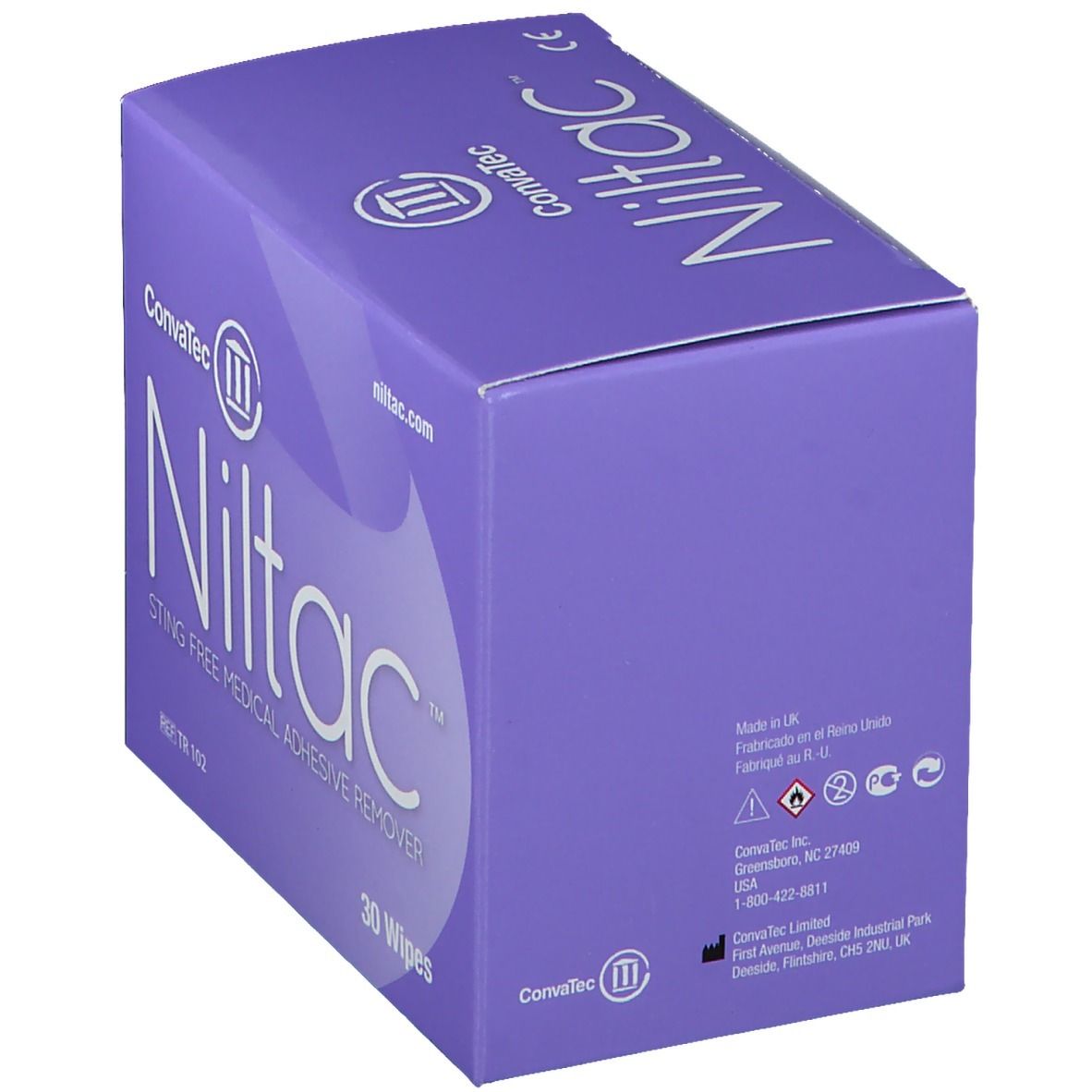 Boîte violette avec logo "Niltac" et texte. Dos avec informations fabricant. Marque : ConvaTec.