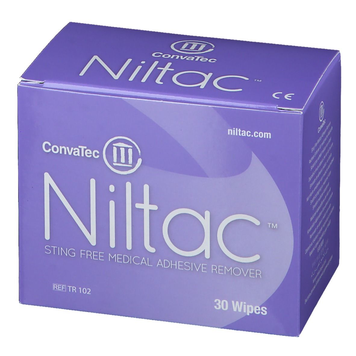 Boîte violette avec logo "Niltac" et texte. Contient 30 lingettes. Marque : ConvaTec.