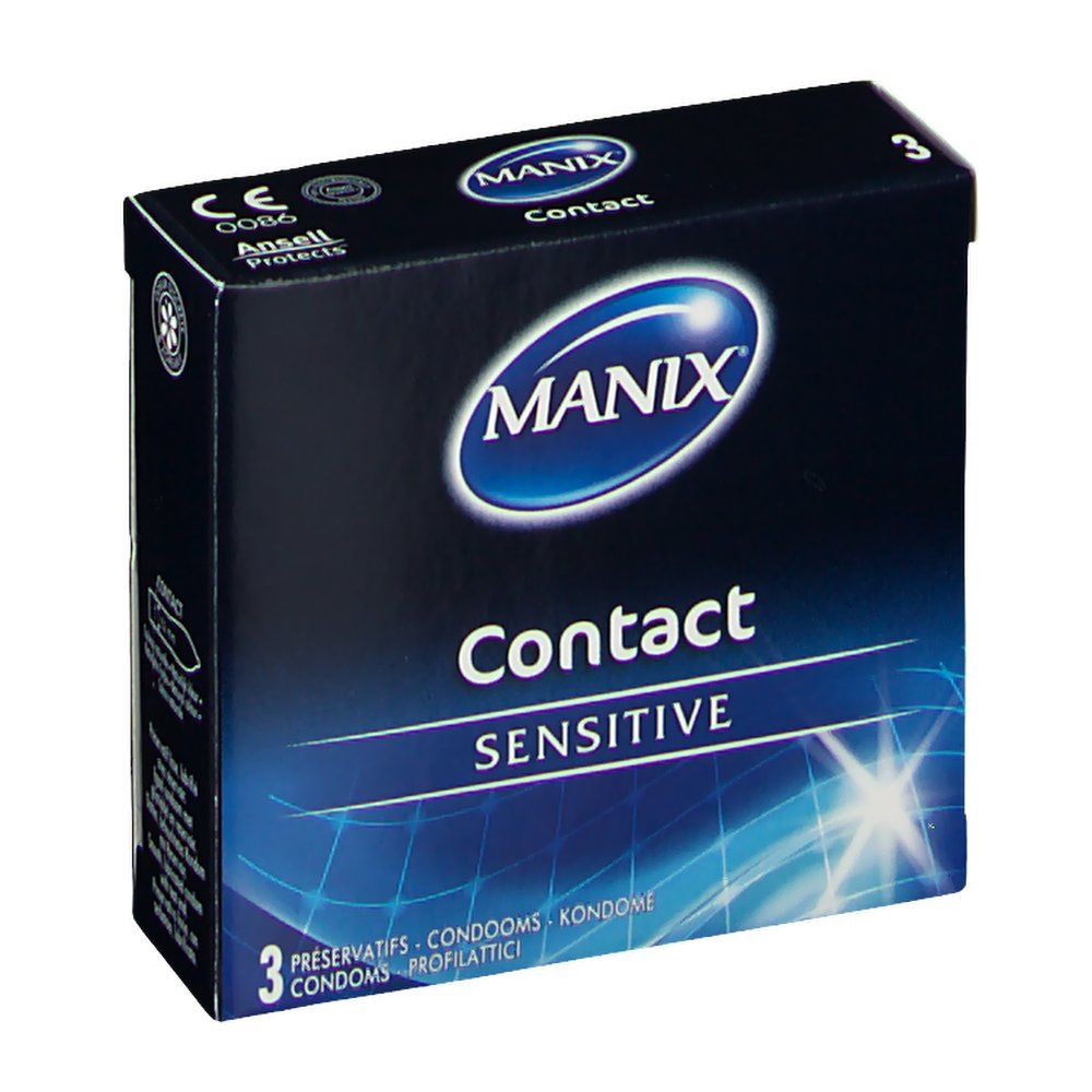 Boîte de préservatifs MANIX Contact Sensitive, 3 unités. Logo MANIX et mentions "Contact Sensitive".