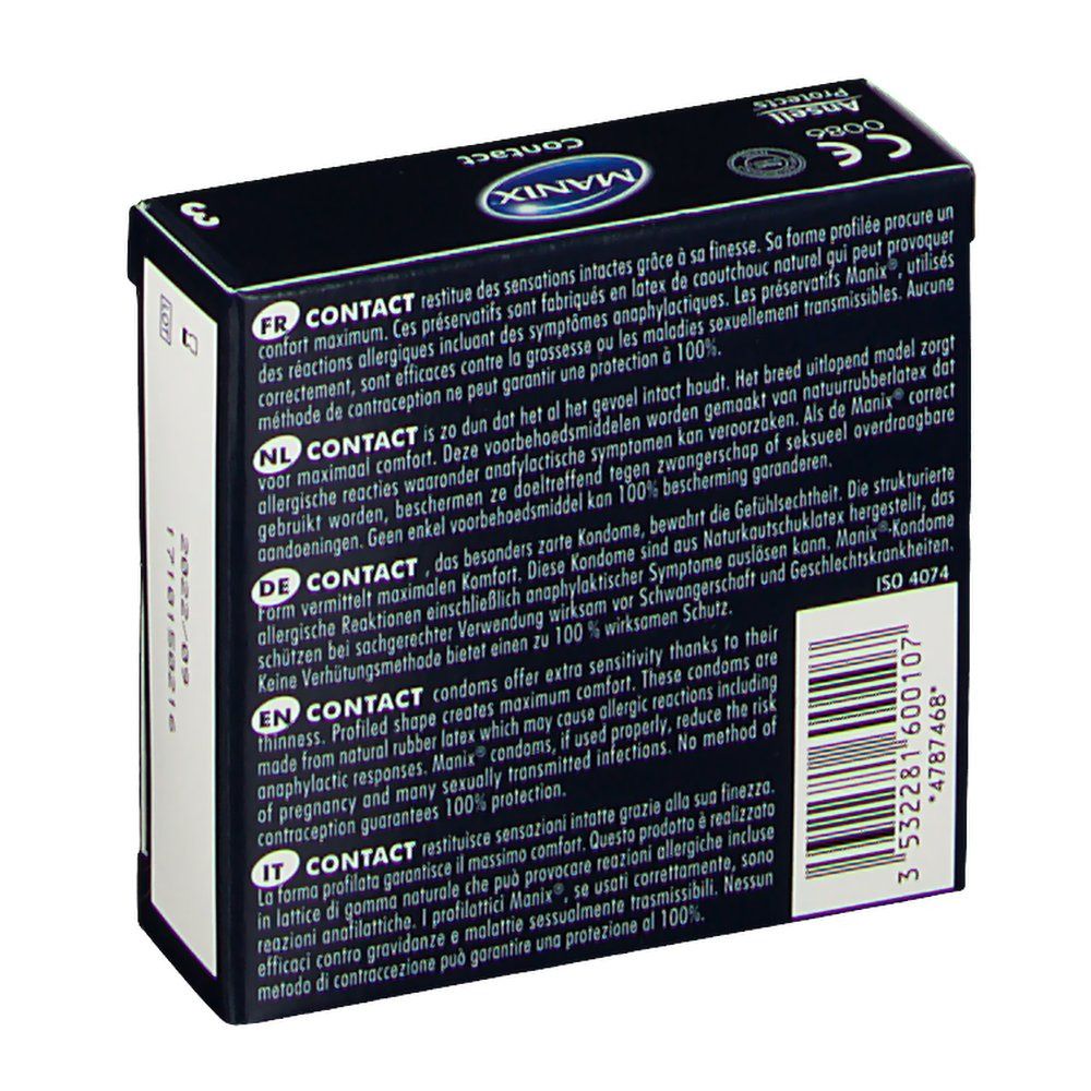 Dos de la boîte de préservatifs. Texte multilingue. Marque MANIX. Norme ISO 4074.