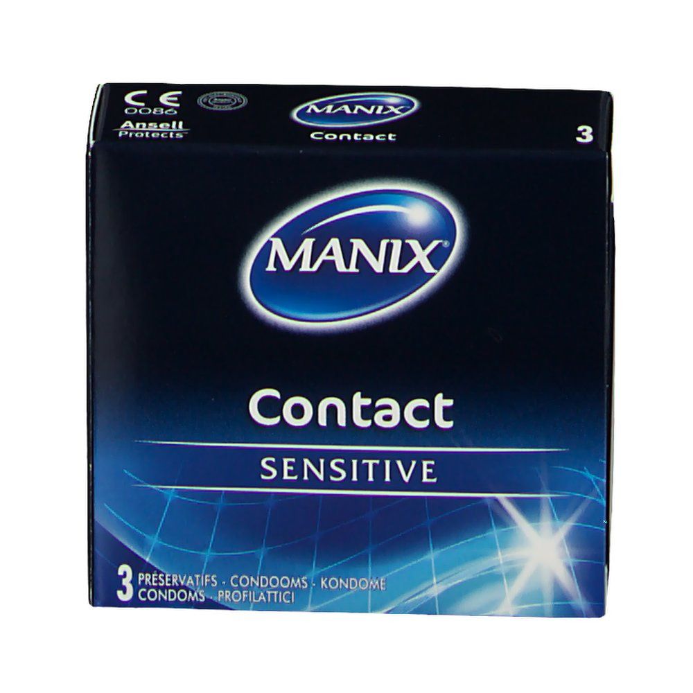 Face avant de la boîte de préservatifs MANIX Contact Sensitive, 3 unités.
