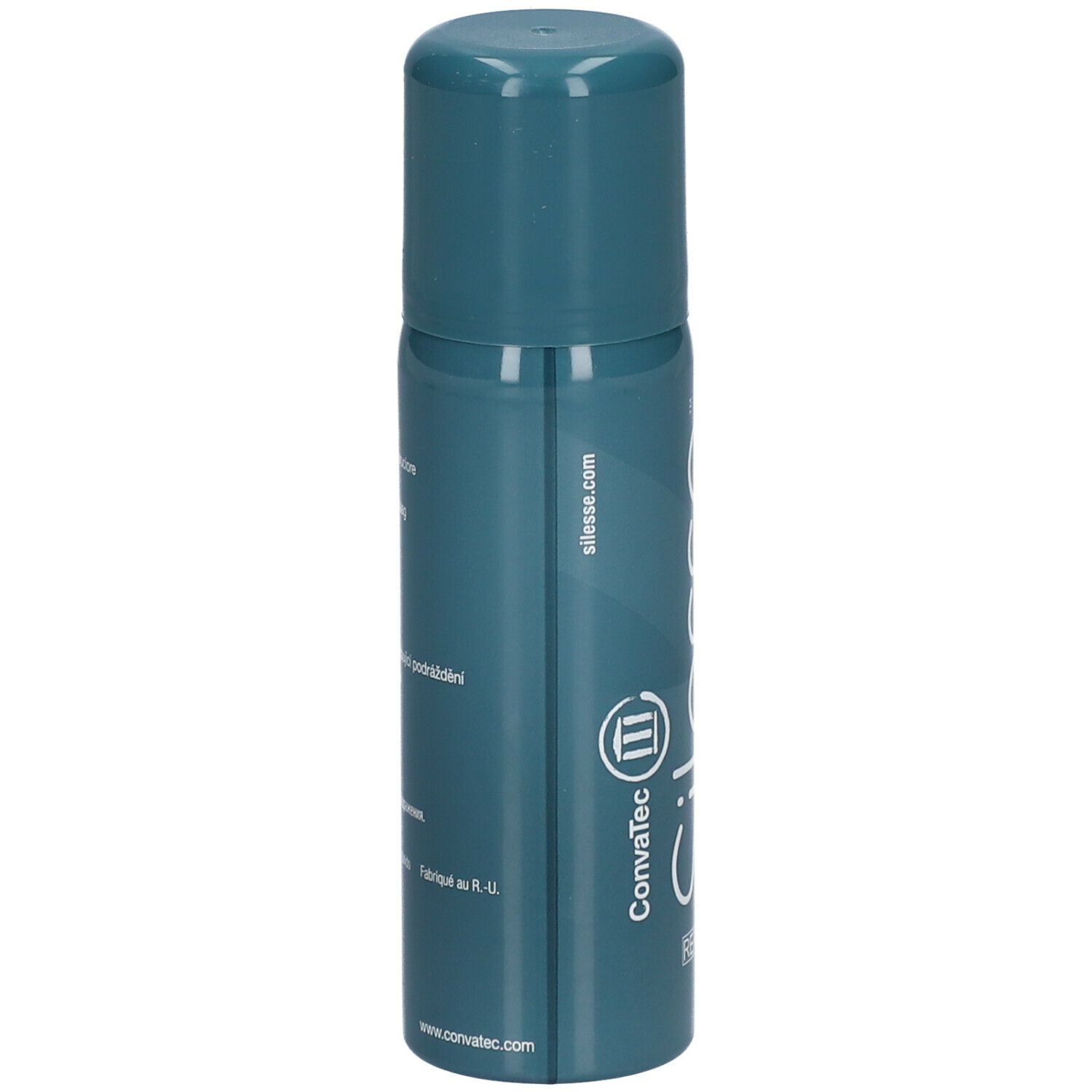 Silesse™ Hautschutz-Spray, Rückseite der Flasche. Text in mehreren Sprachen. KonvaTec Logo.