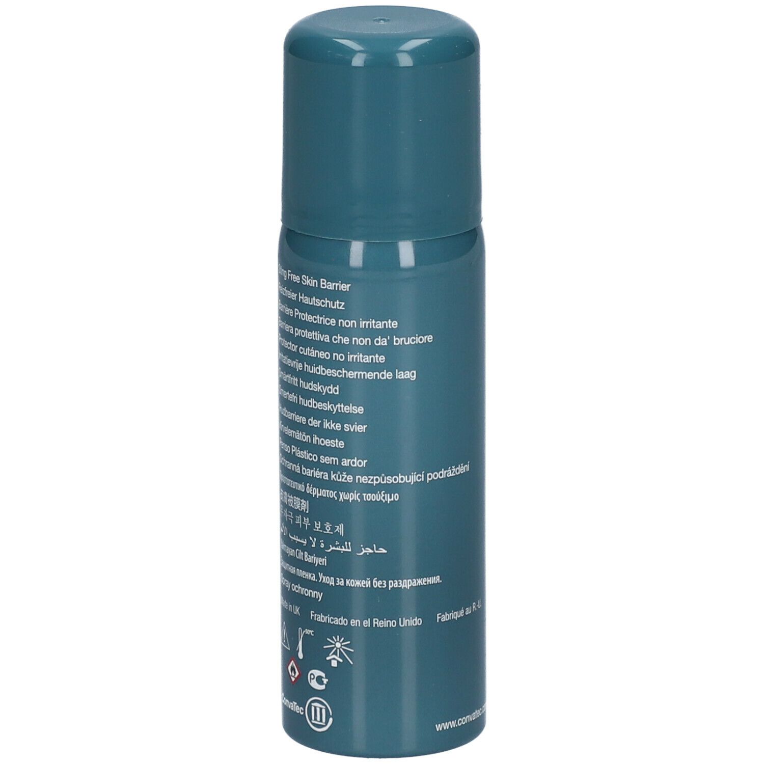 Rückseite der Silesse™ Flasche. Text in mehreren Sprachen. KonvaTec Logo und CE-Kennzeichnung.