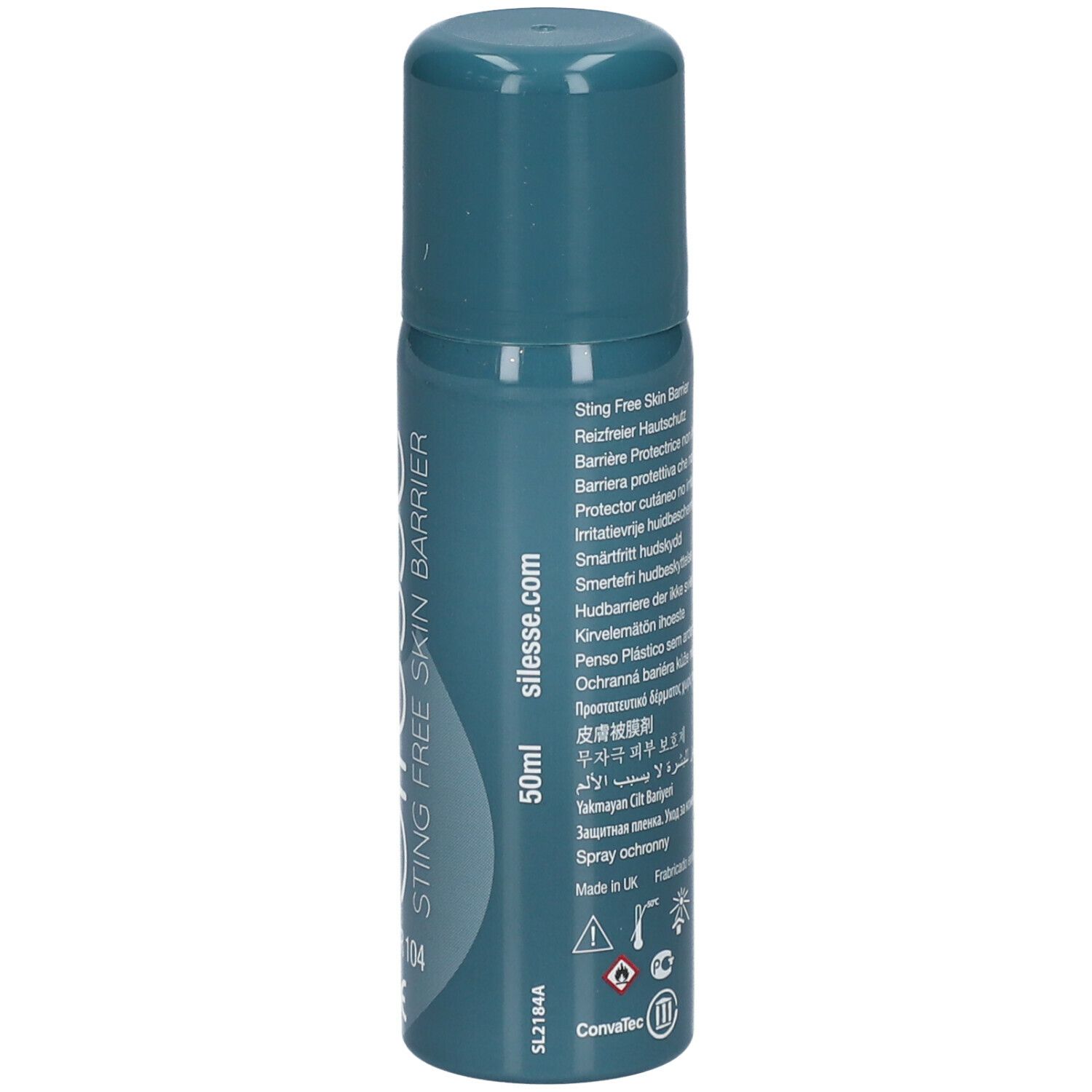 Silesse™ Hautschutz-Spray, 50ml Flasche. Text in mehreren Sprachen. KonvaTec Logo und CE-Kennzeichnung.