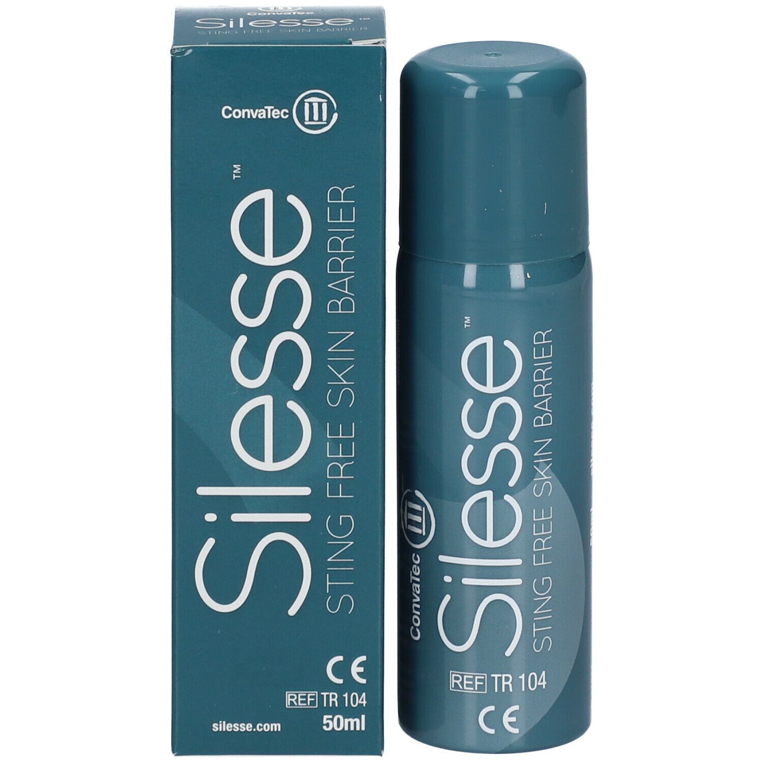 Silesse™ Hautschutz-Spray und Verpackung. 50ml Flasche. KonvaTec Logo, CE-Kennzeichnung.