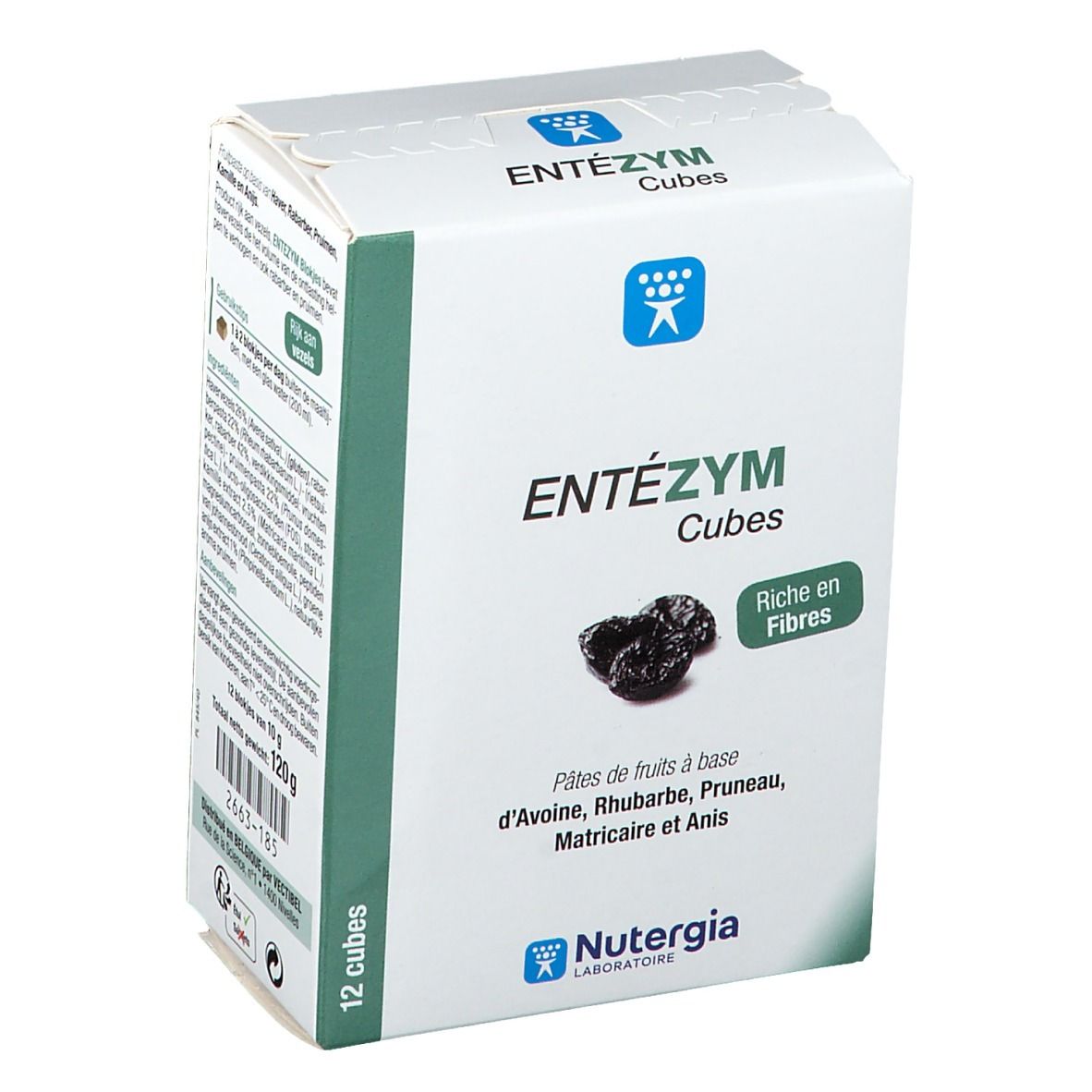 Boîte de cubes. Texte: "ENTÉZYM Cubes". Ingrédients et logo Nutergia. Contient 12 cubes. "Riche en Fibres".