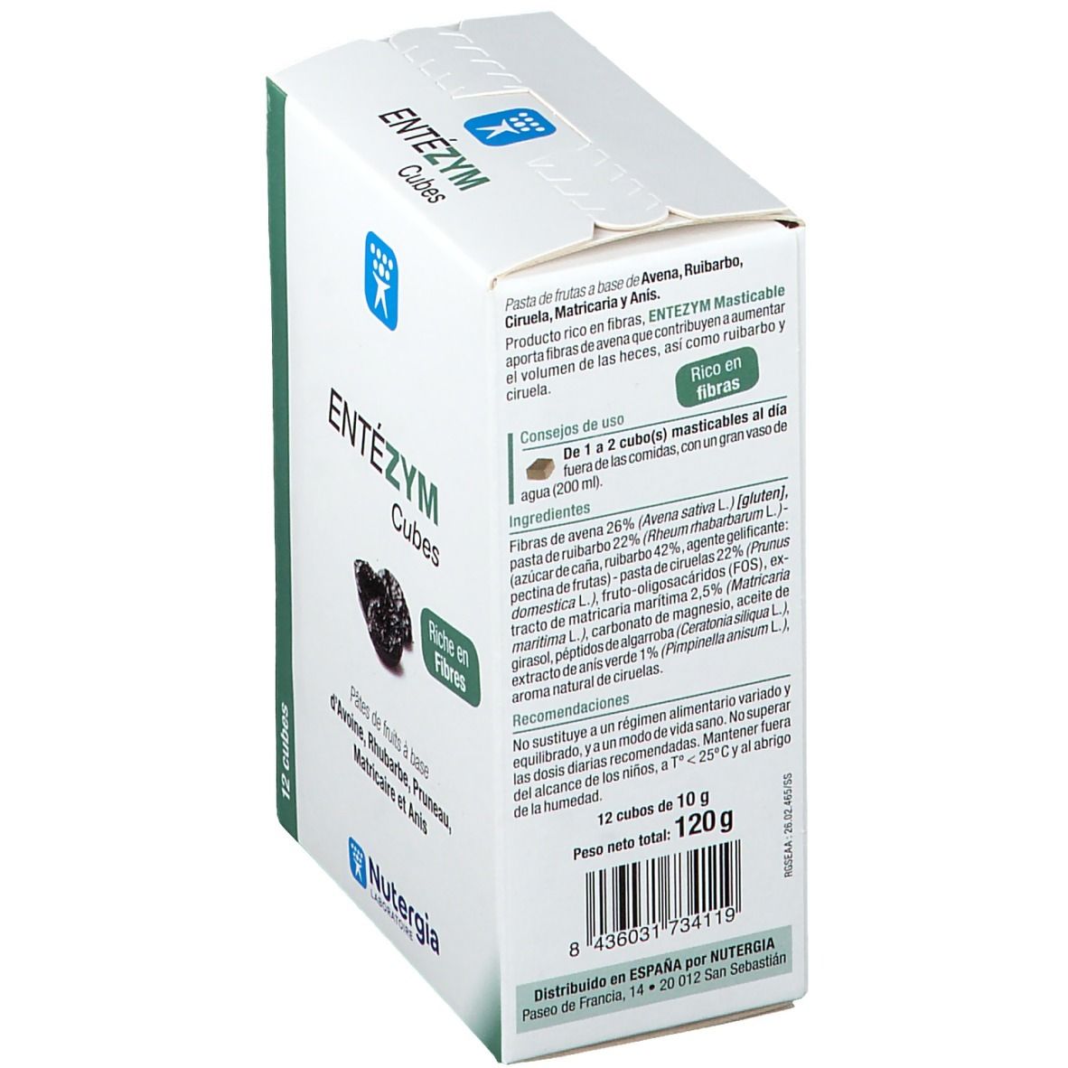 Boîte avec informations produit. Contient 12 cubes. Texte: "ENTÉZYM Cubes". Marque: Nutergia. Ingrédients au dos.
