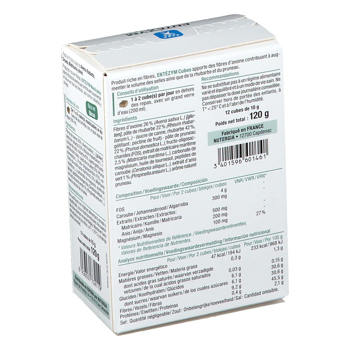 Boîte avec ingrédients et informations nutritionnelles. Contient 12 cubes. Marque: Nutergia. Texte: "ENTÉZYM Cubes".