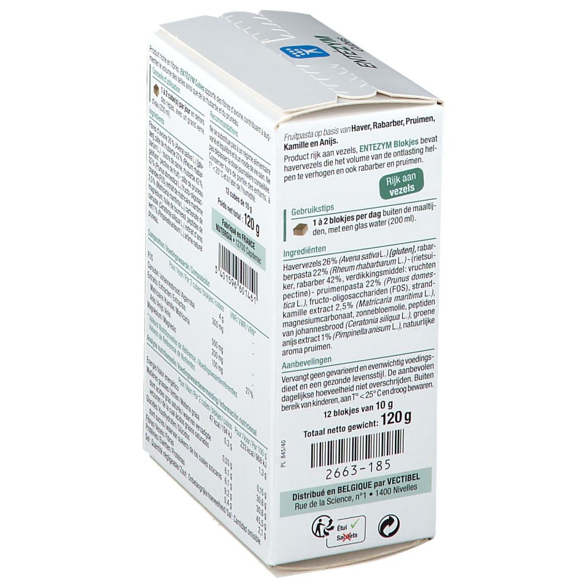 Boîte avec informations produit. Contient 12 cubes. Texte: "ENTÉZYM Cubes". Marque: Nutergia. Ingrédients au dos.
