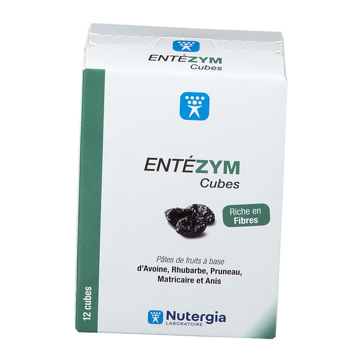 Boîte de cubes. Texte: "ENTÉZYM Cubes". Ingrédients et logo Nutergia. Contient 12 cubes. "Riche en Fibres".