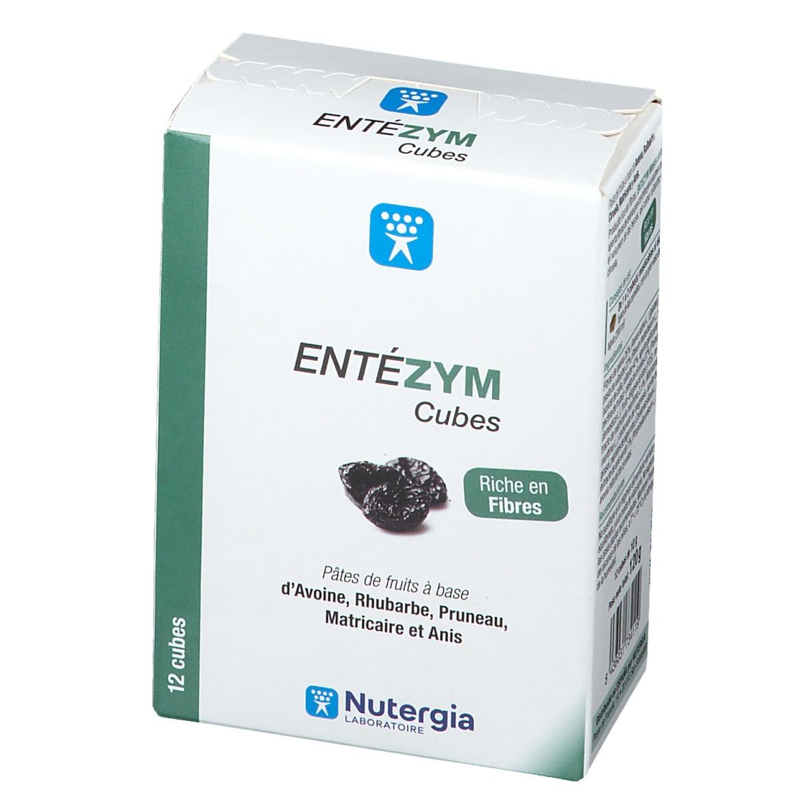 Boîte de cubes. Texte: "ENTÉZYM Cubes". Ingrédients et logo Nutergia. Contient 12 cubes. "Riche en Fibres".