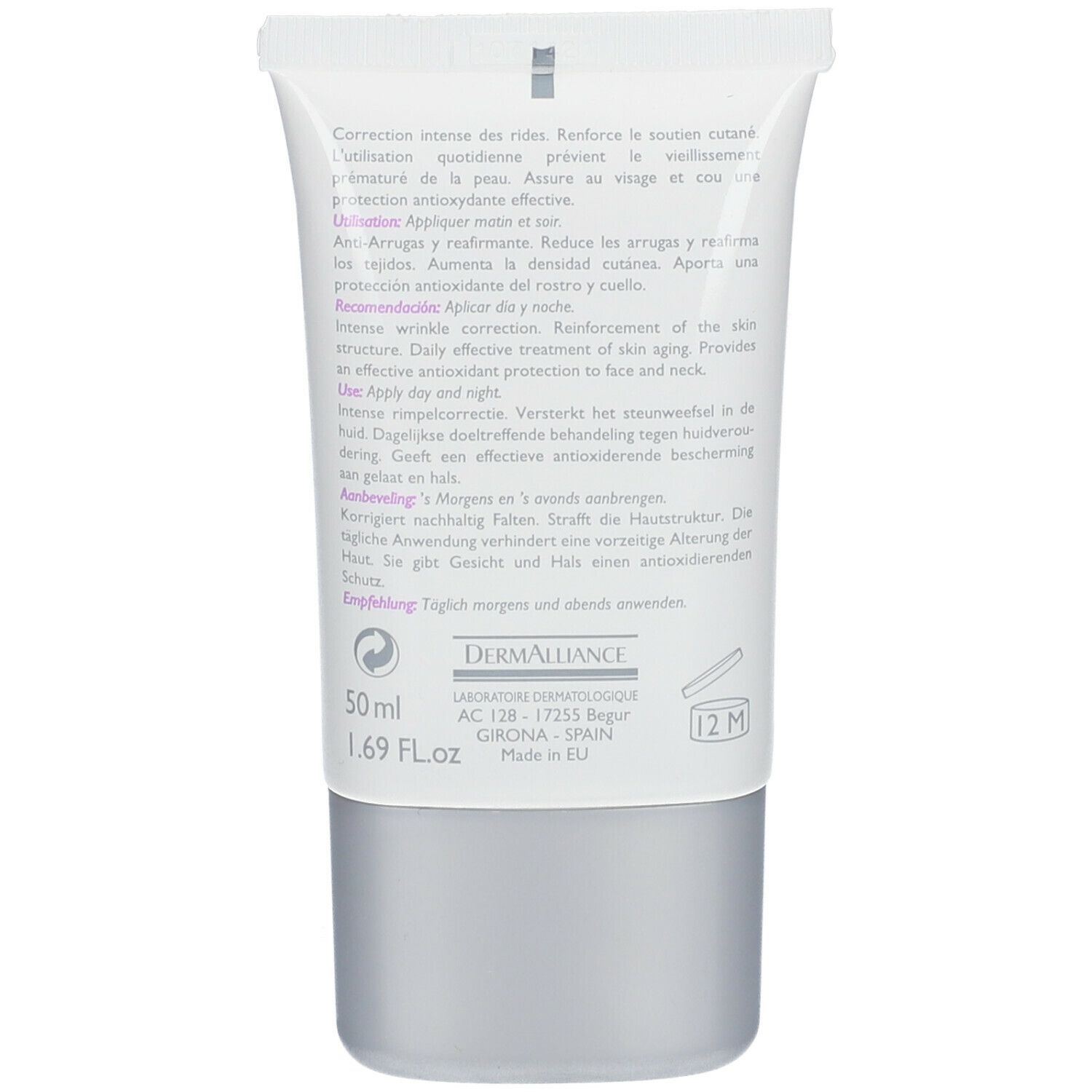 Dos du tube. Texte en plusieurs langues. Informations fabricant et indication de volume : 50 ml.