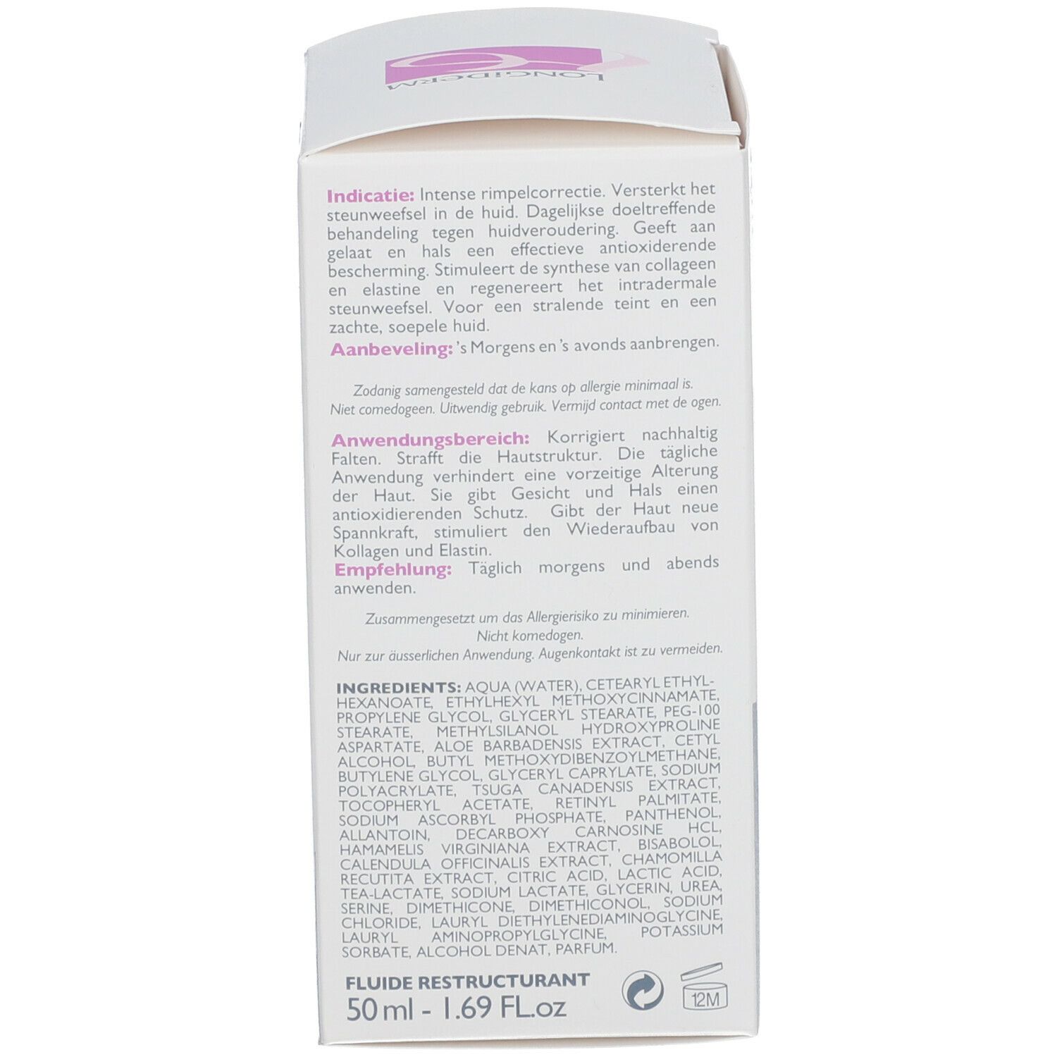 Dos de la boîte. Texte en plusieurs langues. Ingrédients et instructions d'utilisation. 50 ml.