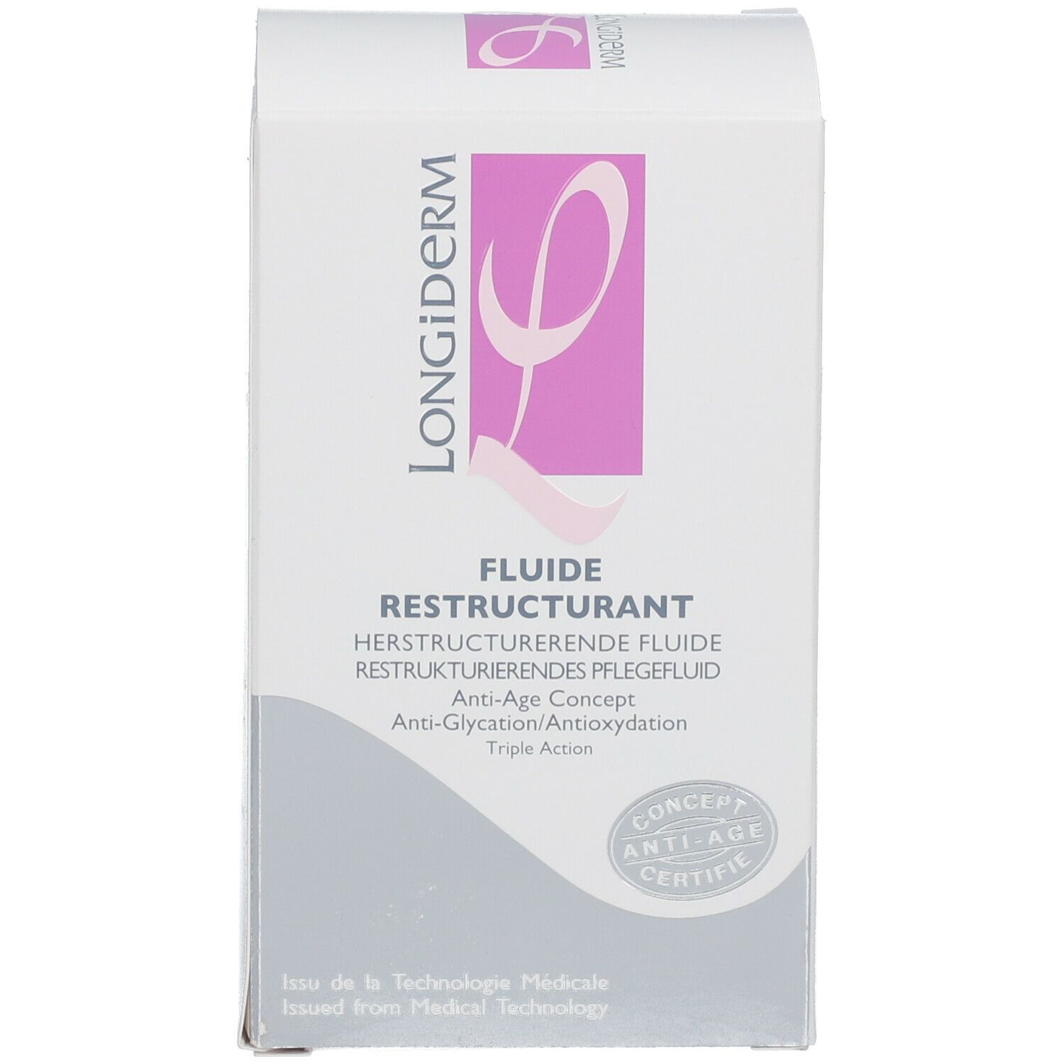 Boîte blanche avec nom et désignation du produit. Logo et texte violets. Concept anti-âge.