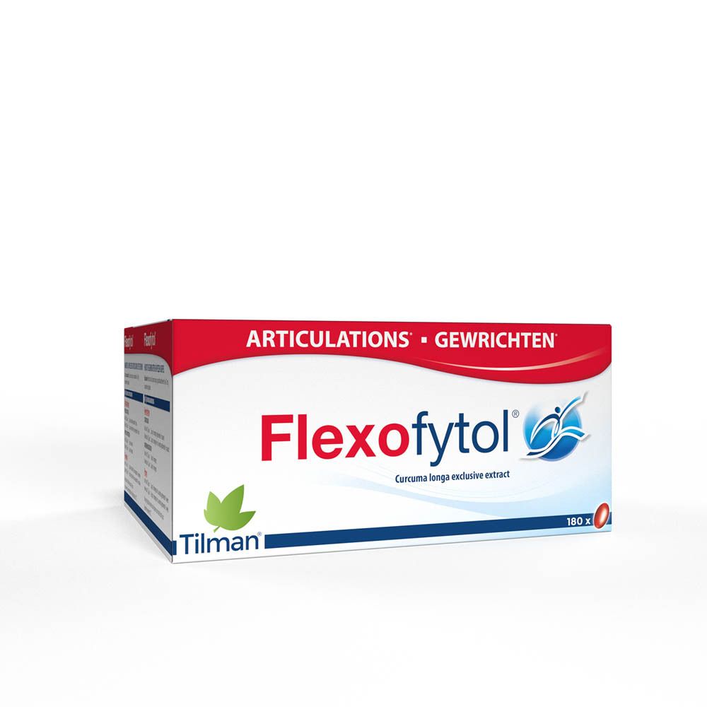 Boîte de Flexofytol. Contient 180 capsules. Inscription : Articulations, Gewrichten. Marque : Tilman.