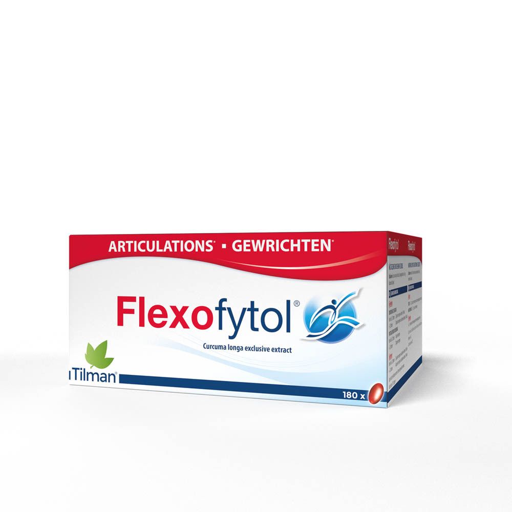 Boîte de Flexofytol. Contient 180 capsules. Inscription : Articulations, Gewrichten. Marque : Tilman.
