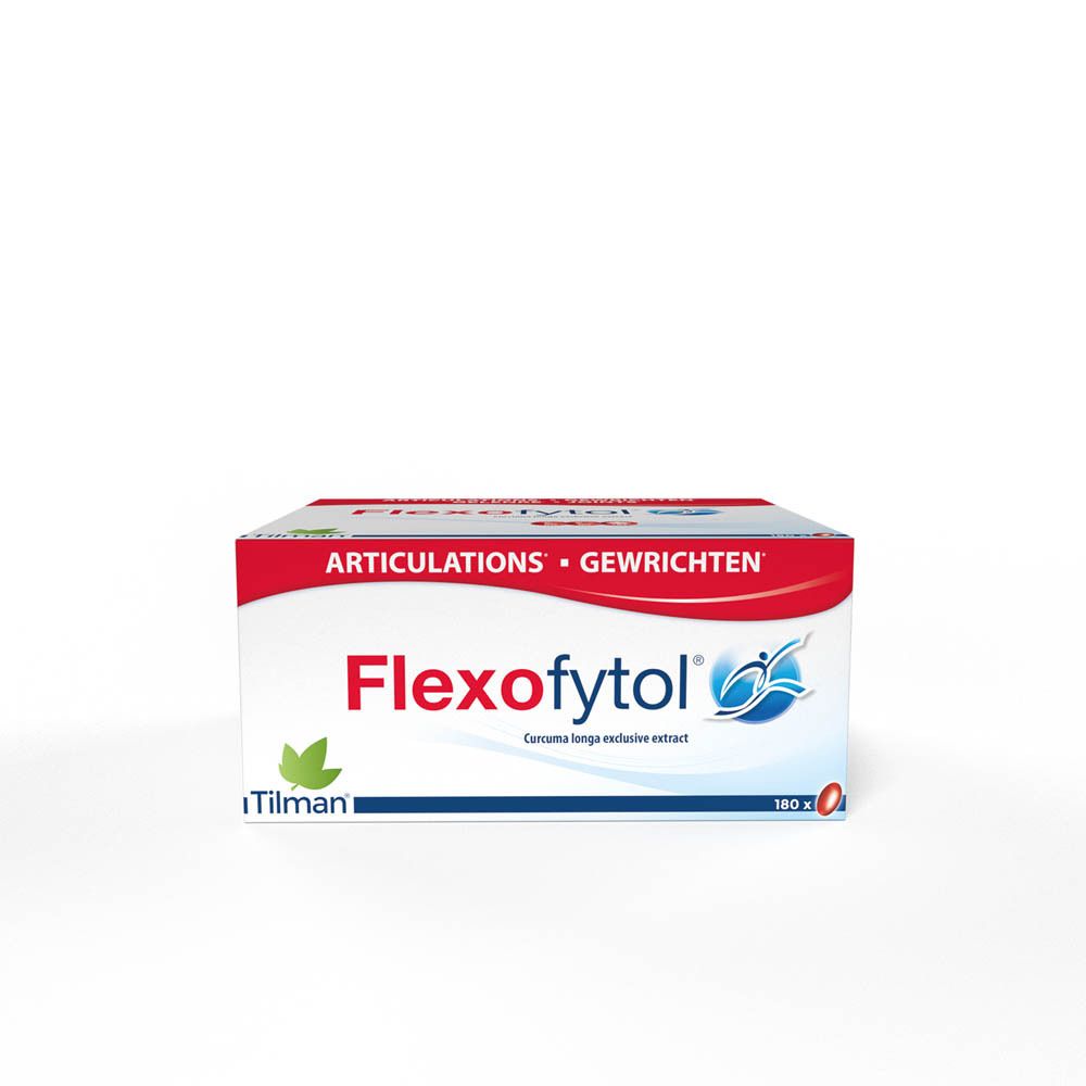 Boîte de Flexofytol. Contient 180 capsules. Inscription : Articulations, Gewrichten. Marque : Tilman.