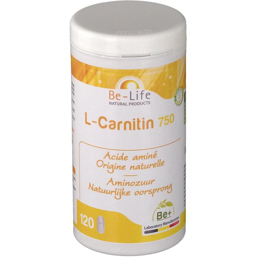 Boîte blanche avec étiquette jaune. Inscription : Be-Life L-Carnitine 750. 120 comprimés. Acide aminé. Origine naturelle.