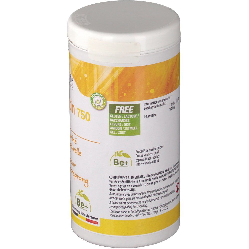 Dos de la boîte blanche. Inscription : Be-Life L-Carnitine 750. Sans gluten/lactose/sucre. Logo Be+. Informations nutritionnelles.