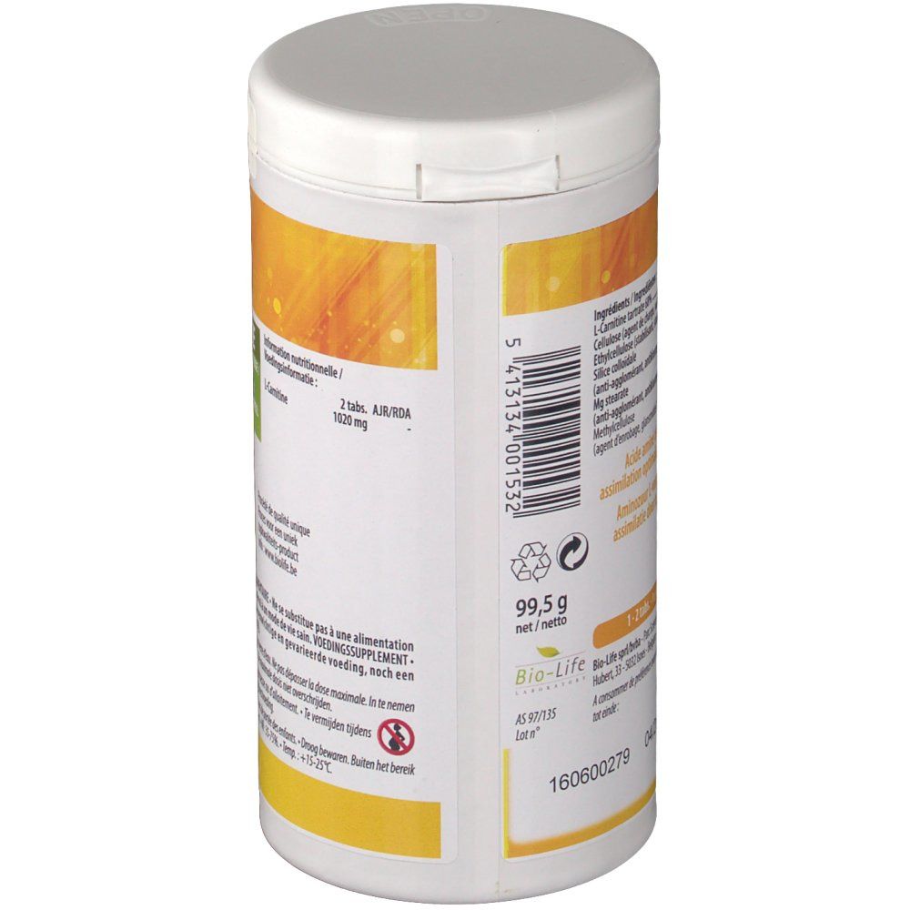 Dos de la boîte blanche. Inscription : Be-Life L-Carnitine 750. 99,5 g. Ingrédients. Dosage : 2 comprimés.