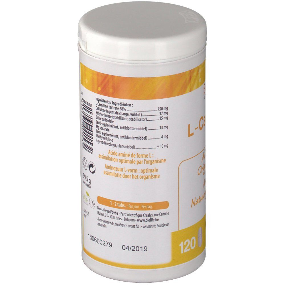 Dos de la boîte blanche. Inscription : Be-Life L-Carnitine 750. Ingrédients. Dosage : 1-2 comprimés. 120 comprimés.