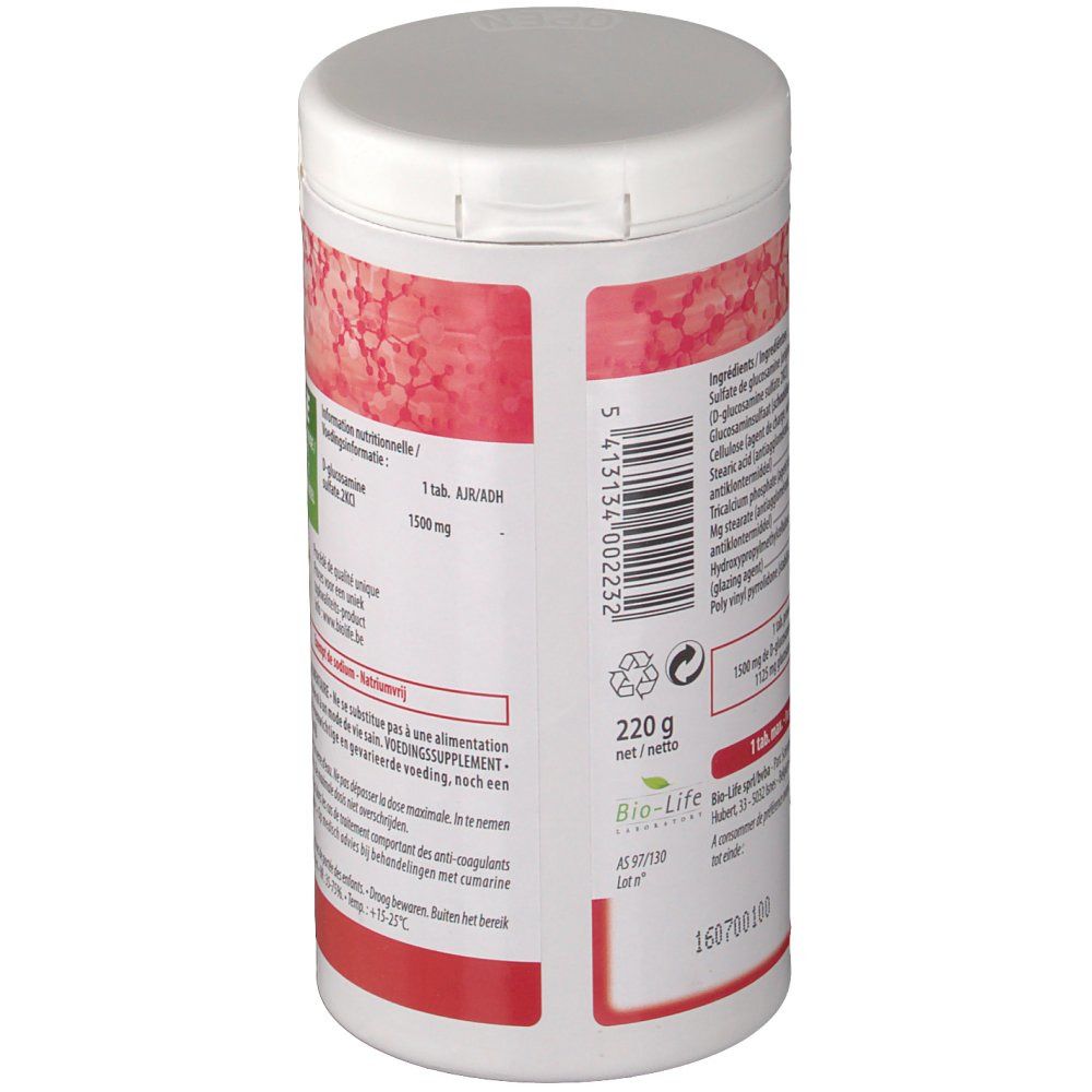Achterkant van de witte pot. Bevat 220g. Ingrediënten en voedingswaarde. Be-Life logo en lotnummer.