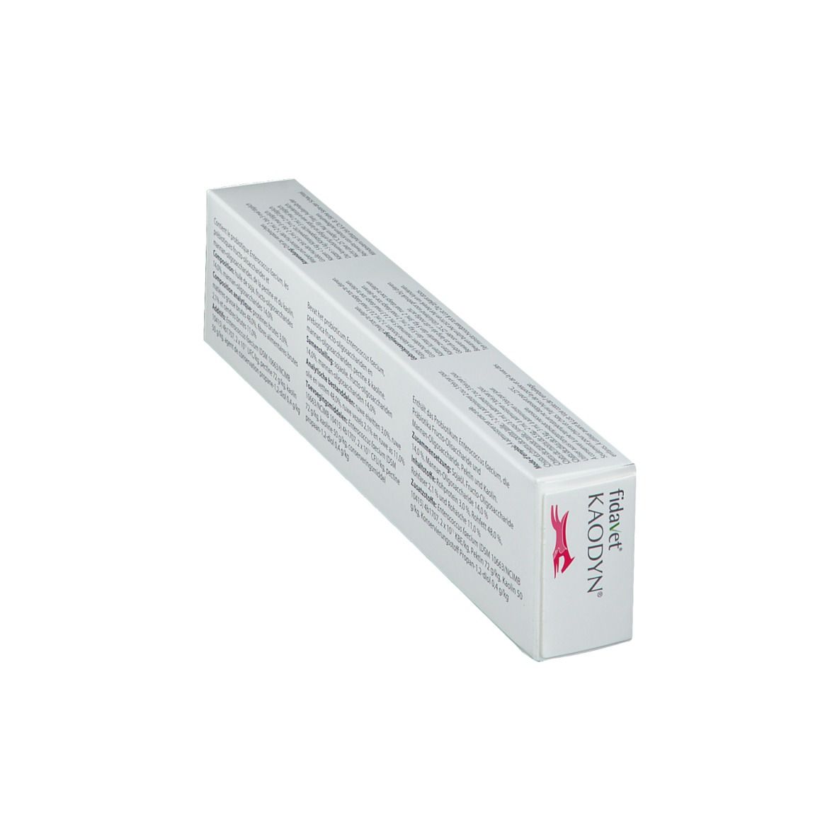 Emballage Fidavet KAODYN. Boîte blanche avec nom du produit et illustrations de chiens roses. Texte multilingue.