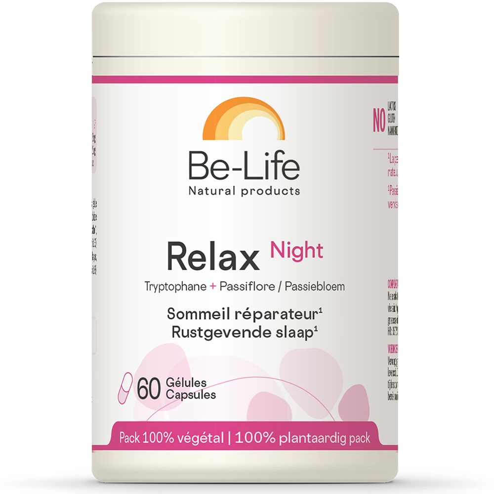 Be-Life Relax Night, 60 gélules. Ingrédients : Tryptophane + Passiflore. Emballage 100% végétal.