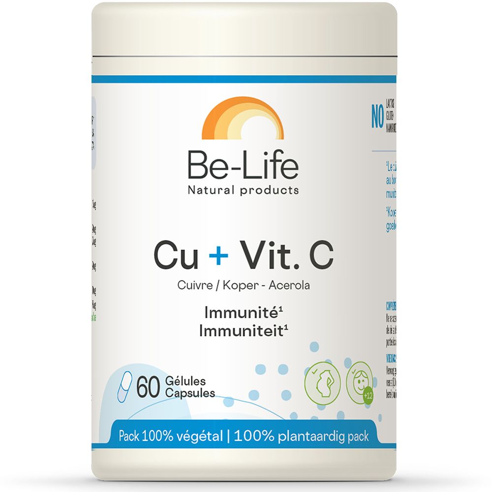 Boîte de gélules Cu + Vit. C. Marque Be-Life. 60 gélules. Pack 100% végétal. Inscription: Immunité.