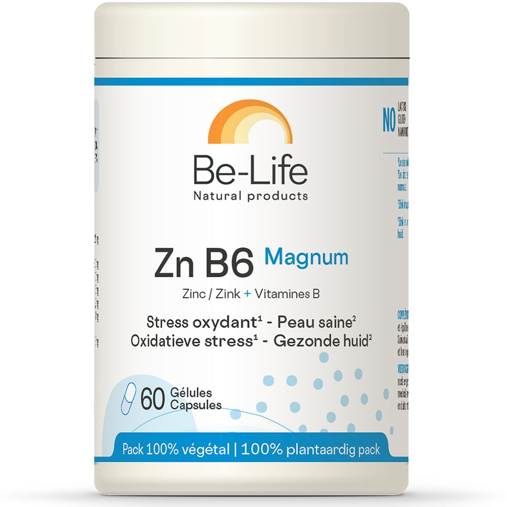 Witte pot Be-Life Zn B6 Magnum met 60 capsules. Opschrift: Zinc/Zink + Vitamines B. Logo en productnaam.