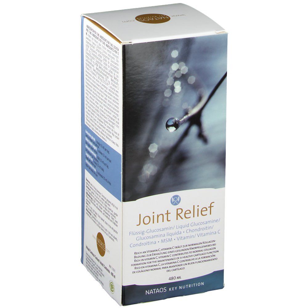 Boîte de produit. Inscription Joint Relief, ingrédients, 480 ml. Marque : Nataos Key Nutrition.