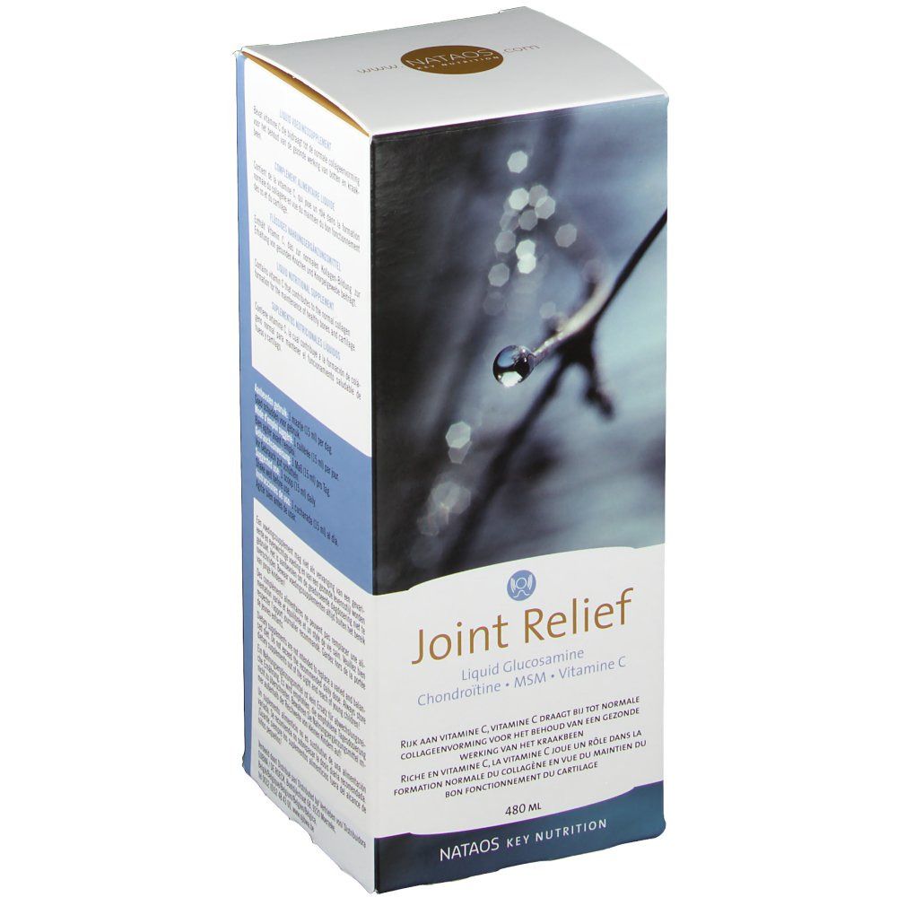 Boîte de produit. Inscription Joint Relief, ingrédients, 480 ml. Marque : Nataos Key Nutrition.