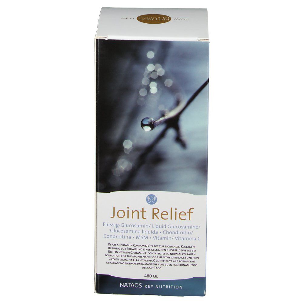Boîte de produit. Inscription Joint Relief, ingrédients, 480 ml. Marque : Nataos Key Nutrition.