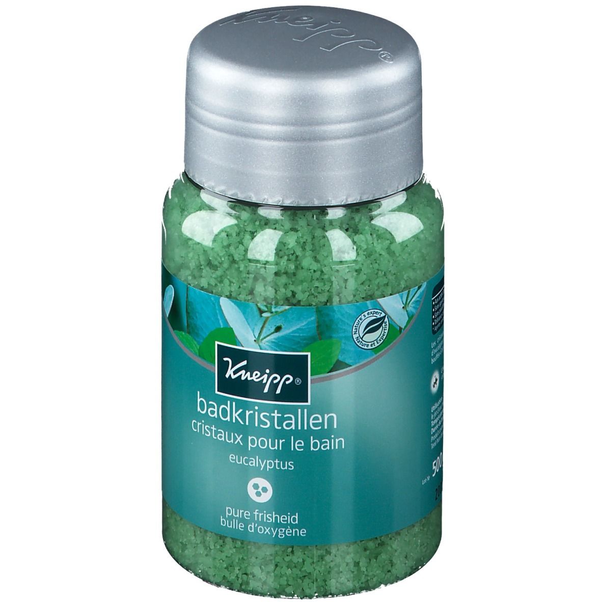 Kneipp Badkristallen Eucaliptus pot. Groene kristallen, zilveren deksel. Opschrift: Badkristallen, Eucaliptus, pure frisheid, 500g.